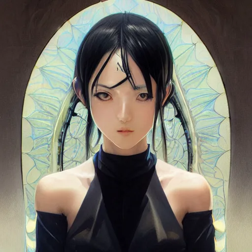 Image similar to portrait of beautiful symmetrical anime girl, black hair, attractive, casual, modern, highly detailed, digital painting, artstation, concept art, smooth, sharp focus, illustration, art by moebius artgerm, greg rutkowski and alphonse mucha, 8 k