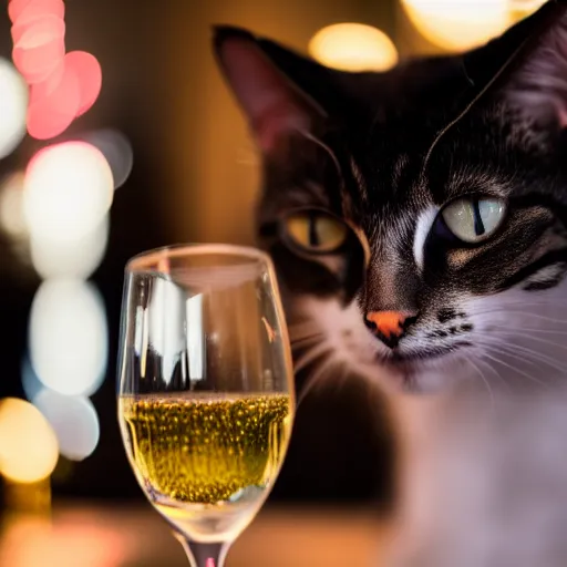 Prompt: a photo of a cat drinking expensive champagne in a fancy dark bar, mood lighting, f 1. 8, iso 1 6 0 0