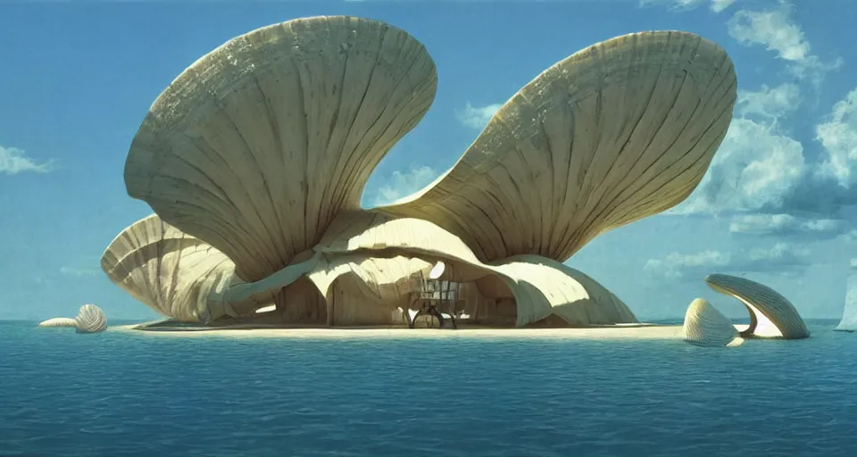 Image similar to a giant seashell house in the middle of nowhere, cinematography by syd mead, gregory crewdson, moebius