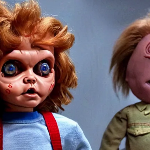 Image similar to Stranger Things episode featuring Chucky the killer doll from the movie Child's Play