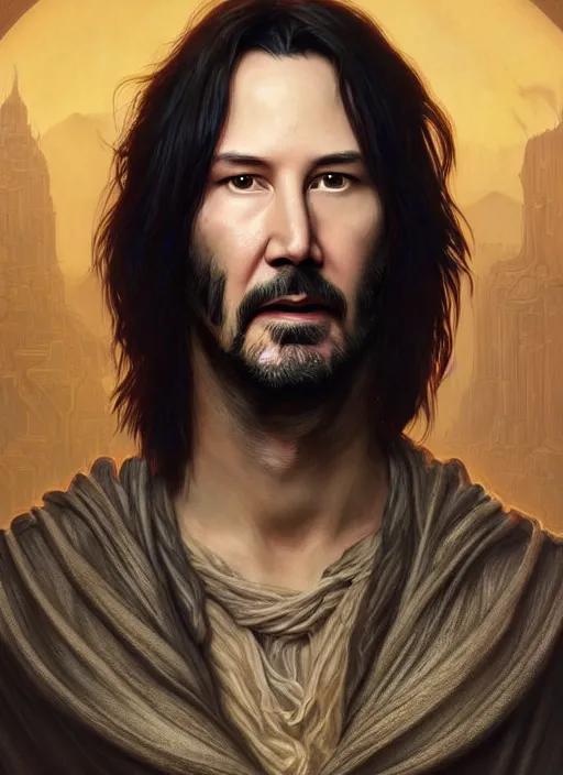 Prompt: Portrait of Keanu Reeves, silver long hair, cloak, male, fantasy, extremely detailed, digital painting, artstation, concept art, smooth, sharp focus, illustration, stunning lighting, art by artgerm and greg rutkowski and alphonse mucha and simon stalenhag, realistic character concept, low fantasy, light atmosphere, golden ratio, cinematic lighting, hyperdetailed, high resolution, insanely detailed and intricate, artstation, Marc Simonetti, Greg Rutkowski, 8k