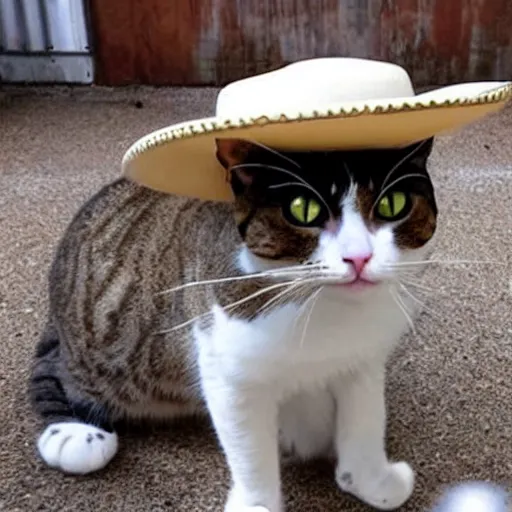 Image similar to a meme photo of a sad cat wearing a cowboy hat