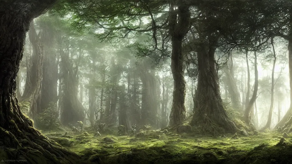Image similar to peaceful elven forest, thick forest, large ents are visible in the background, by alan lee, michal karcz, smooth details, lord of the rings, game of thrones, smooth, detailed terrain, oil painting, trending artstation, concept art, fantasy matte painting
