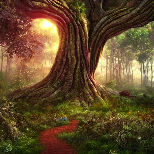 Image similar to fabulous, mighty, spectacular tree in a thickly vegetated forest, fantasy, dreamlike sunraise, ultra realistic, ultra detailed