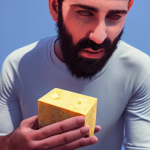 Image similar to a man eating a cube of sand, 3 d render, octane, ray tracing, ultra detailed photorealistic, 8 k, high resolution