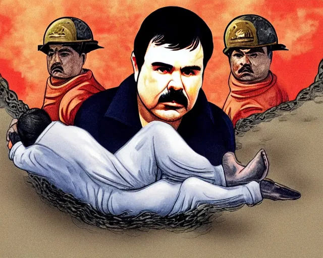 Image similar to el chapo floating down from heaven in deep meditation. el chapo meditates in the lotus position. exploding out of prison. prison on fire. explosions.