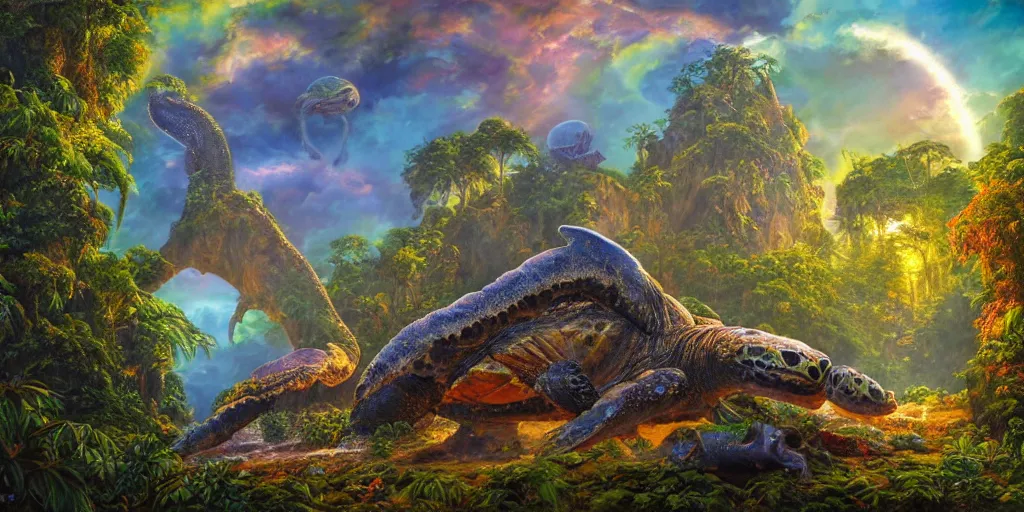 Image similar to fantasy oil painting, great leviathan, turtle cephalopod terrapin reptilian pachyderm amphibian hybrid, rainforest mountains, lush plants flowers, epic natural light, bright clouds, luminous sky, spacecraft, outer worlds, bright cinematic key lighting, michael cheval, michael whelan, vray, 8 k hd