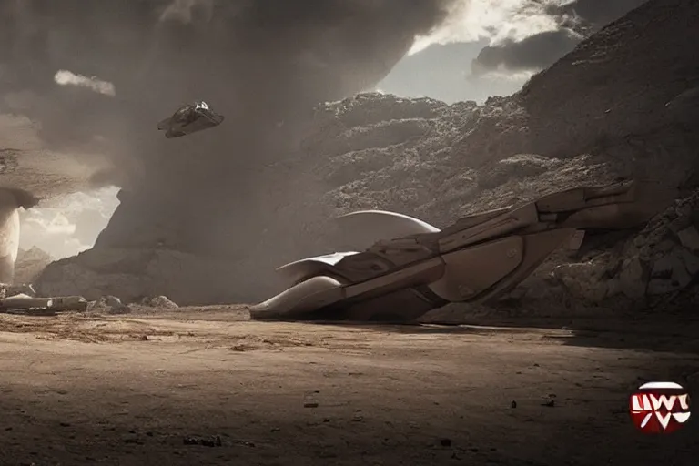 Image similar to VFX movie of a futuristic spaceship landing in war zone, natural lighting by Emmanuel Lubezki