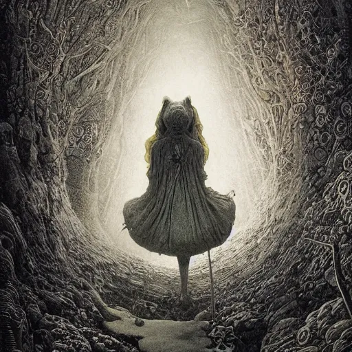 Prompt: girl falling down a rabbit hole into wonderland by by Alexander by Alexander Jansson, Dariusz Zawadzki, Zdzisław Beksiński, Gustave Doré and Greg Rutkowski, Dariusz Zawadzki, Zdzisław Beksiński, Gustave Doré and Greg Rutkowski