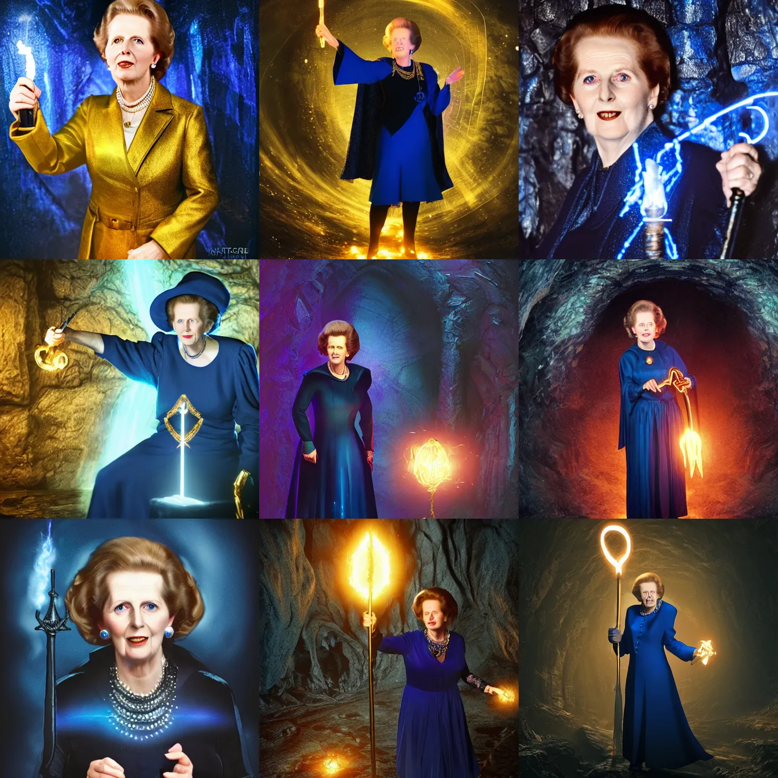 Prompt: Margaret Thatcher wearing a dark blue witches outfit holding a glowing golden magical wand. In a dark cave. Trending on Artstation, octane render, ultra detailed, art by Ross tran