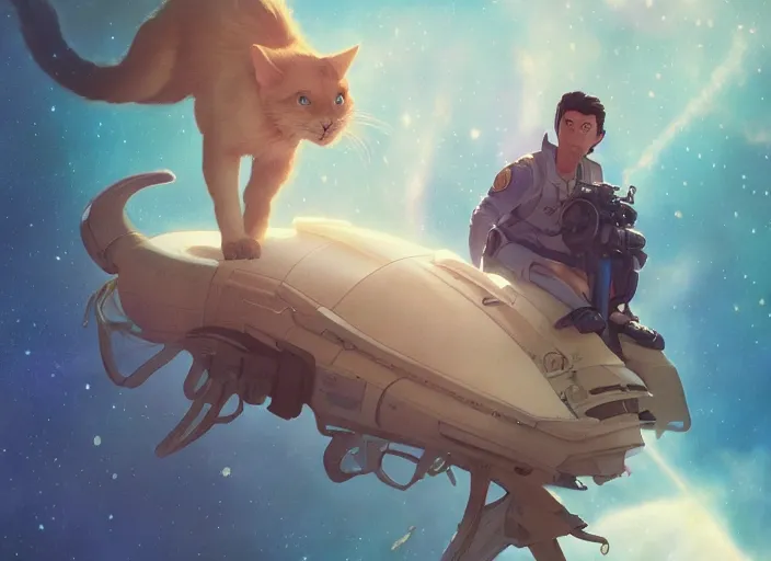 Image similar to a space handsome gay guy and his pet space cat staring role in a musical sci - fi space opera ghibli animated film, volumetric lighting, octane render by stanley artgerm lau, greg rutkowski, thomas kindkade, alphonse mucha, loish, norman rockwel, 8 k greg rutkowski