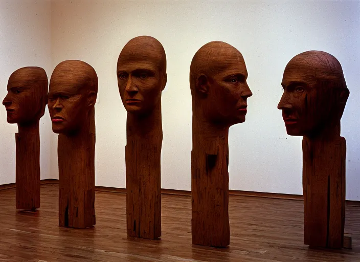 Image similar to realistic photo portrait of the a sculpture of a group portrait of heads made of wood, poorly designed in style of arte povera, fluxus, dadaism, joseph beuys, ugly made, low quality standing in the wooden polished and fancy expensive wooden museum interior room 1 9 9 0, life magazine reportage photo