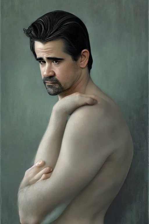 Prompt: portrait of colin farrell, digital painting by maxfield parrish and caravaggio, photorealistic