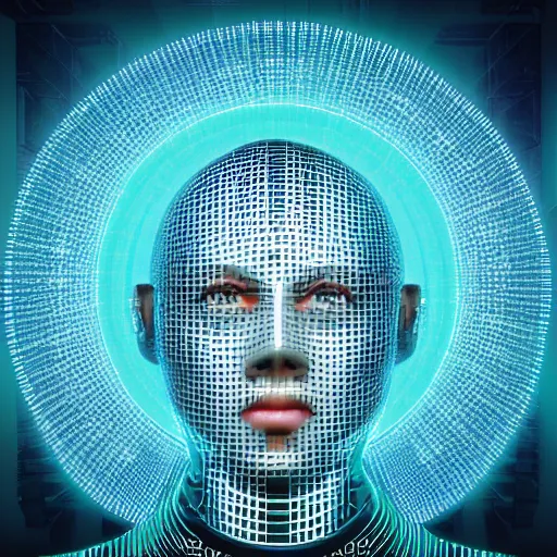 Image similar to an insanely detailed cibernetic artwork of a futuristic artificial intelligence superstar, centered image, with frames made of detailed fractals, octsne render, 4k, insanely detailed, detailed grid as background, cgi