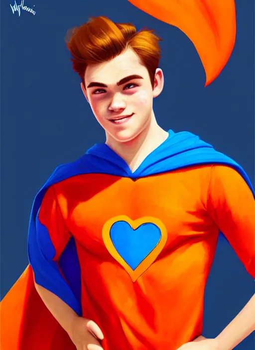 Image similar to friendly teenage archie andrews wearing an orange superhero costume with heart logo, heart, orange costume, blue cape, freckles, cape, heart emblem on chest, heart, blue cape, intricate, elegant, glowing lights, highly detailed, digital painting, artstation, sharp focus, illustration, art by wlop, mars ravelo and greg rutkowski