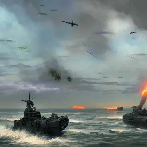 Image similar to landing crafts reaching the beaches of normandy amidst gunfire, highly detailed, digital painting, concept art, sharp focus, by makoto shinkai