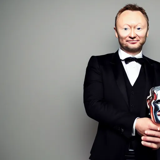 Image similar to limmy brian limond holding bafta award, realistic, long shot, dramatic lighting, hyper realistic, high quality, highly detailed, hd, beautiful, cinematic, 8 k, facial accuracy, symmetrical,