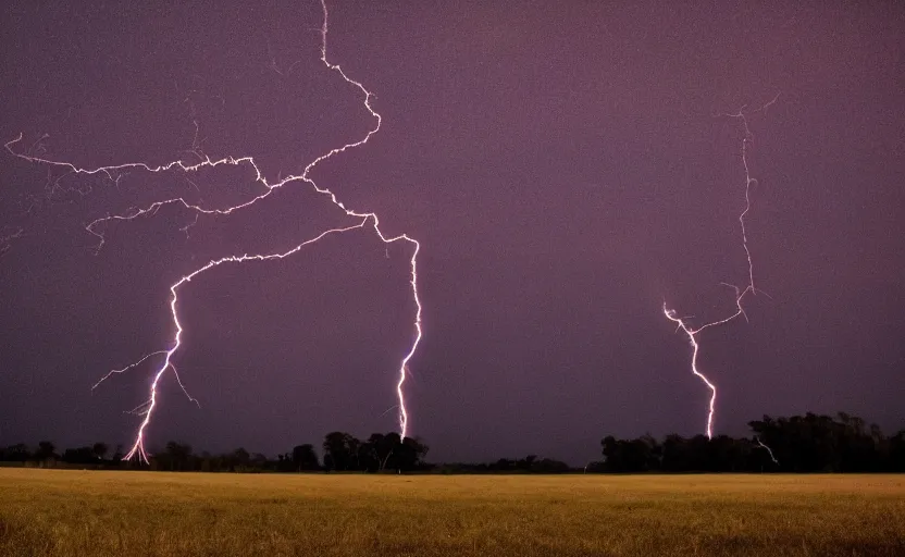 Prompt: red lightning bolts shoot from the ground, night, field, fire is visible on the horizon, high contrast, unsettling photo