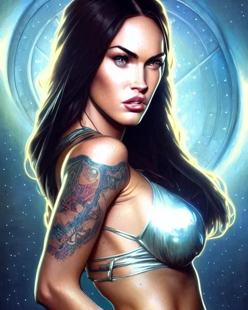 Image similar to portrait of megan fox with sultry face expression, glowing eyes, intricate, headshot, highly detailed, digital painting, artstation, concept art, sharp focus, cinematic lighting, illustration, art by artgerm and greg rutkowski, alphonse mucha, cgsociety