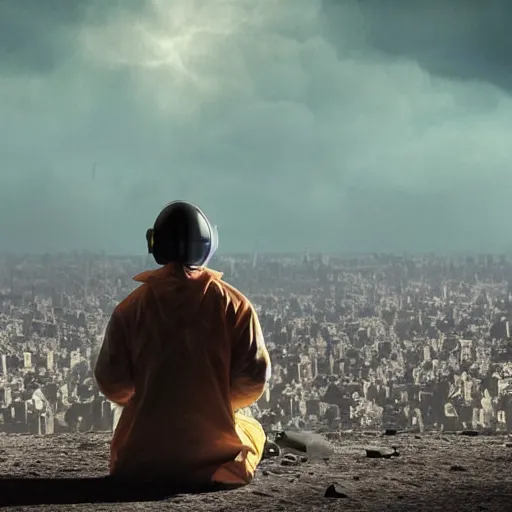 Image similar to a beautiful award-winning photo of the last man on Earth wearing a hazmat suit, sitting, serene post-nuclear background on the horizon, a mirage of a skyline of a destroyed city, numerous fires, volumetric lighting, hazy, a mothership hovering high up in the sky, very high quality, extremely detailed, subtle visual noise, 8K