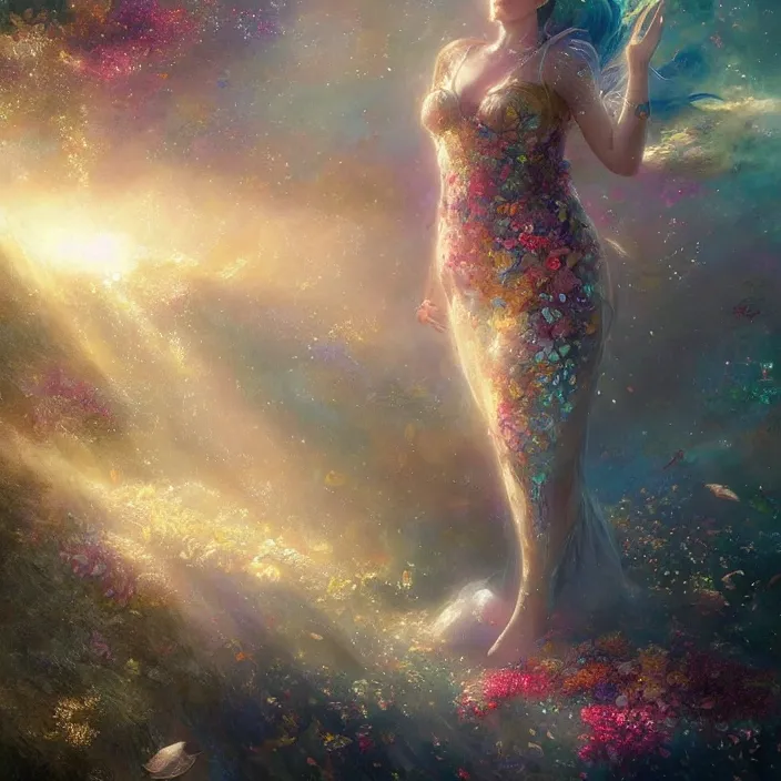 Image similar to enormous glimmering whale tale, flowing dress, flowers, cosmos, milky way galaxy, golden hour, god rays, coral reef, dreamscape by artgerm and ruan jia and ismail inceoglu and greg olsen, masterpiece, beautiful, intricate, elegant, highly detailed