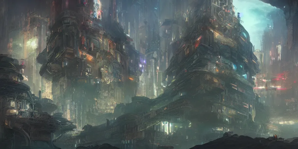 Prompt: A beautiful fantasy artwork of a celestial cyberpunk castle by li shuxing, trending on artstation