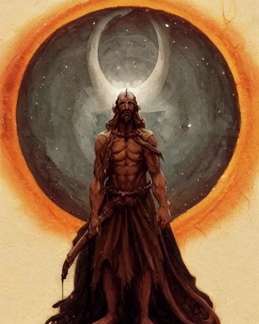 Image similar to a druid standing in a circle at the beginning of the world by greg rutkowski and frank frazetta and peter mohrbacher and william blake
