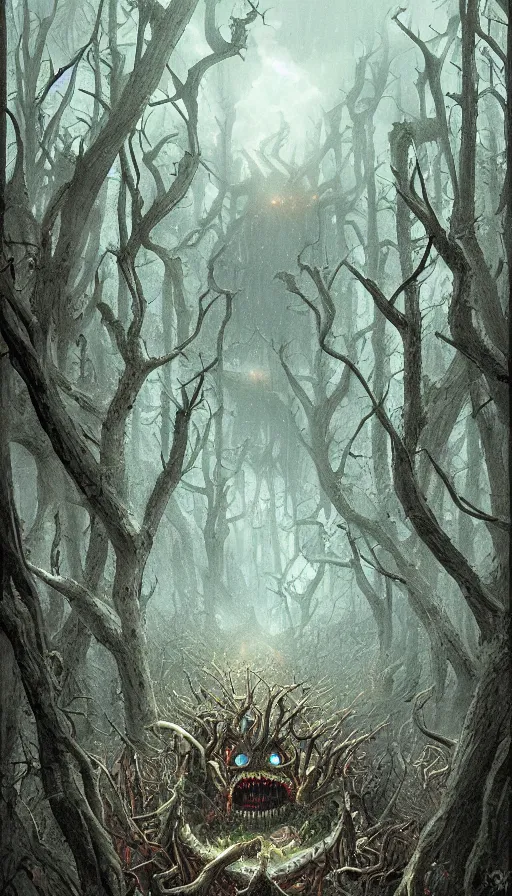 Image similar to a storm vortex made of many demonic eyes and teeth over a forest, by marc simonetti