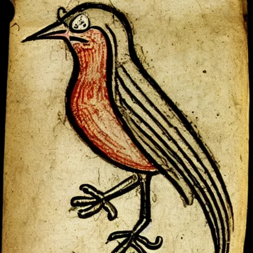 Image similar to medieval sketch of an exhausted anthropomorphic bird