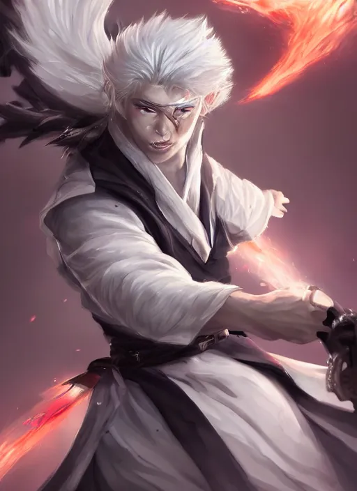 Image similar to a highly detailed illustration of fierce white haired parted through the middle young attractive asian man, wearing hakama, with black sclera eyes, heroically battle posing, intricate, elegant, highly detailed, centered, digital painting, artstation, concept art, smooth, sharp focus, league of legends concept art, WLOP