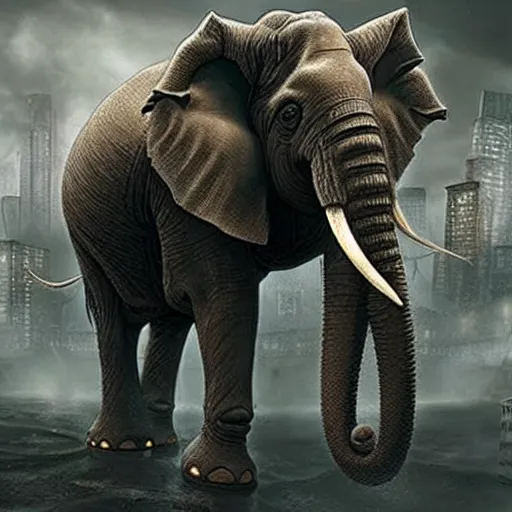 Prompt: lovecraftian elephant with tendrils invading a city, hyperrealistic