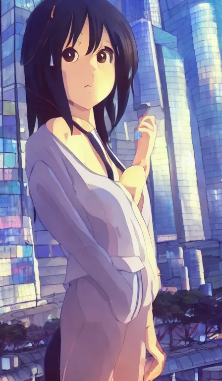 Image similar to anime fine details portrait of Makima in front of modern tokyo city landscape on the background deep bokeh, close-up view, anime masterpiece by Studio Ghibli, 8k, sharp high quality anime, artstation