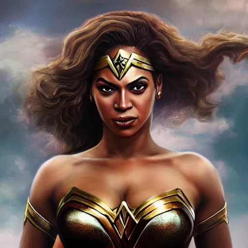 Image similar to beyonce as wonder woman, digital painting, extremely detailed, 4 k, intricate, brush strokes, mark arian, artgerm, bastien lecouffe - deharme