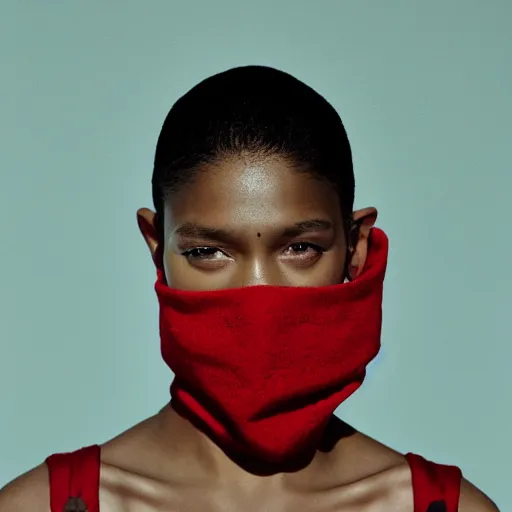 Image similar to realistic photoshooting for a new balenciaga lookbook, color film photography, portrait of a beautiful woman, model is wearing a balaclava mask, in style of tyler mitchell, 3 5 mm,