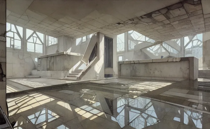 Image similar to painting of interior shot of a white concerete brutalist house architecture with big pools by darek zabrocki, alphonse mucha and greg ruthkowski, cinematic and cold atmospheric, archillect concept art, artstation, trending on artstation