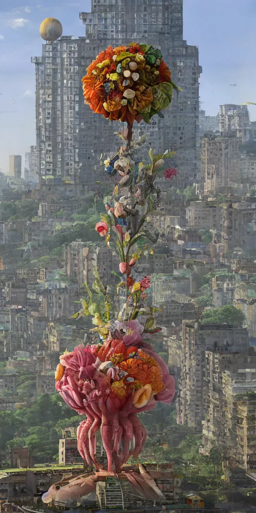 Image similar to giant grotesque flower in the middle of abandoned post soviet constructivist cityscape, Stalinist architecture, ultradetailed by Hayao Miyazaki and Josan Gonzalez and Makoto Shinkai and Giuseppe Arcimboldo and Wes Anderson