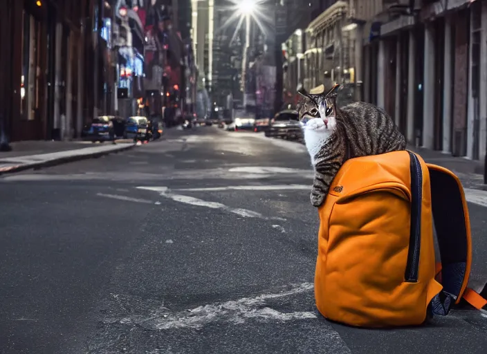 Image similar to photography of a Cat being carried in an half open backpack . in a new york street. award winning photo, led lighting, night, 130mm, sharp, high res