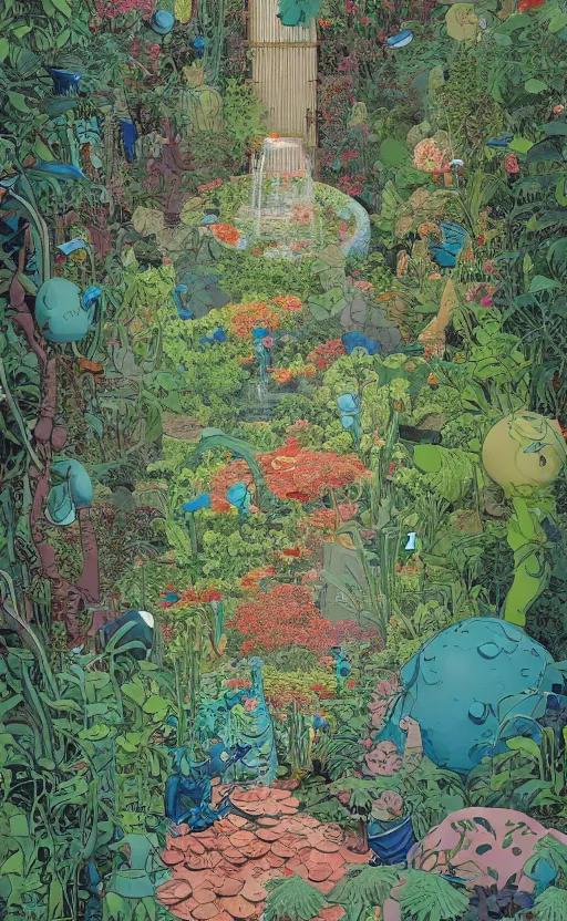 Image similar to a secret garden with a big pool, very coherent, painted by geof darrow, wayne barlowe, painted by james gilleard, airbrush, art by james jean, surrealist art, houdini algorithmic generative art