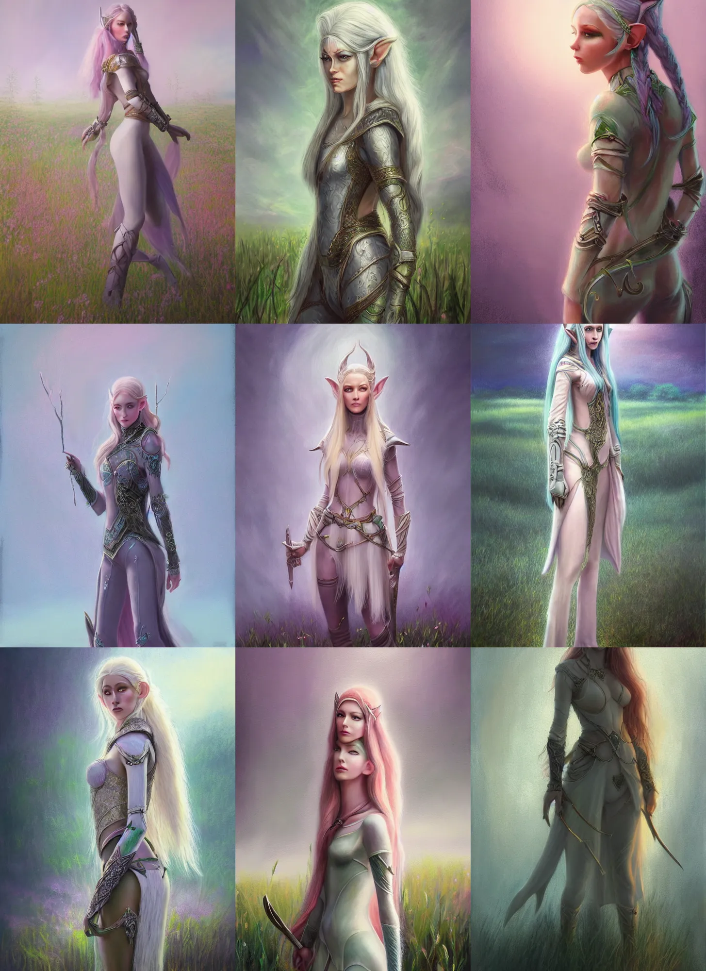 Prompt: a soft focus pastel canvas painting of beautiful full body concept art, beautiful face, elven female rogue wearing full intricate clothing standing in a field, dystopian, soft lighting, micro detail