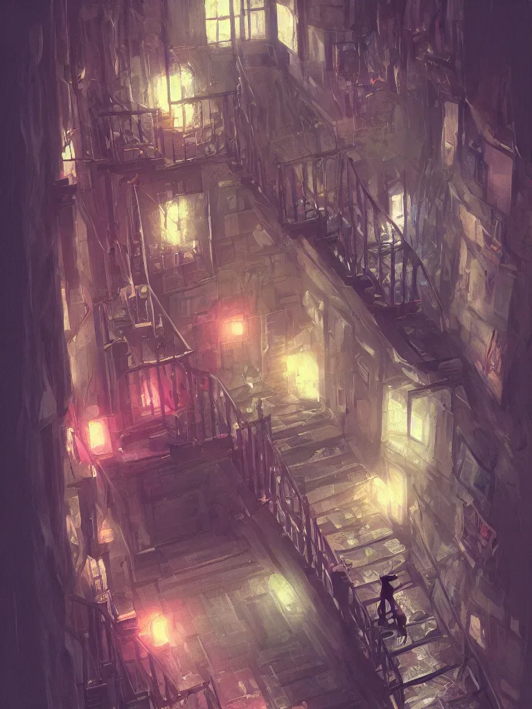 Prompt: look down a cellar staircase, neon lights, bird‘s-eye view, digital painting, concept art, smooth, sharp focus, hyperrealistic, illustration, artstation trending