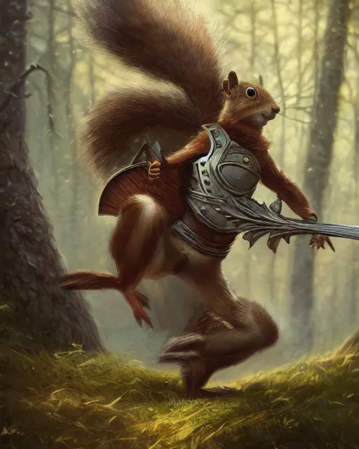 Prompt: oil painting of Anthropomorphized Squirrel attacking, wearing armor, war paint, holding sword, sharp focus, fantasy style, octane render, volumetric lighting, 8k high definition, by greg rutkowski, highly detailed, trending on art Station, magic the gathering artwork, magical forest backround, centered