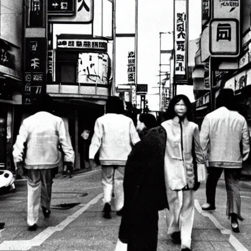 Image similar to 1 9 7 0 s japanese tv show, body - horror, bw, mechanical inhuman monsters walking the streets of shinjuku,