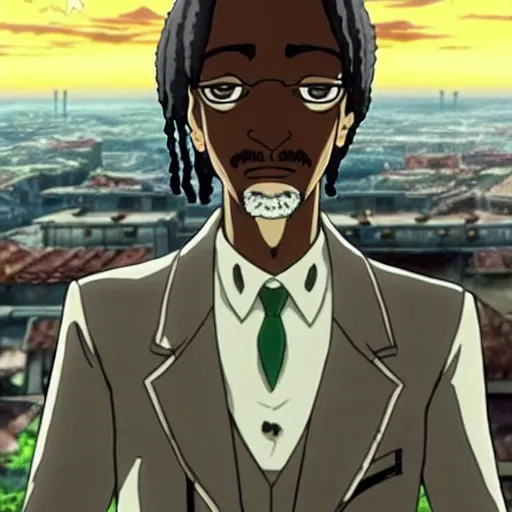 Prompt: snoop dogg in the anime attack on titan, still cinematic scene from the beautiful anime attack on titan featuring anime snoop dogg