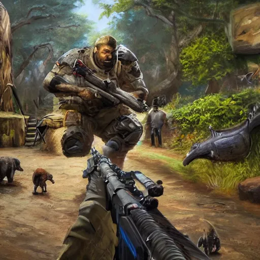 Image similar to concept art for a first person shooter game set in a zoo, oil painting, realistic, 4 k, stunning, intense, colourful, animals