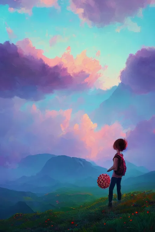 Image similar to giant daisy flower head, girl hiking in the mountains, surreal photography, sunrise, dramatic light, impressionist painting, colorful clouds, digital painting, artstation, simon stalenhag