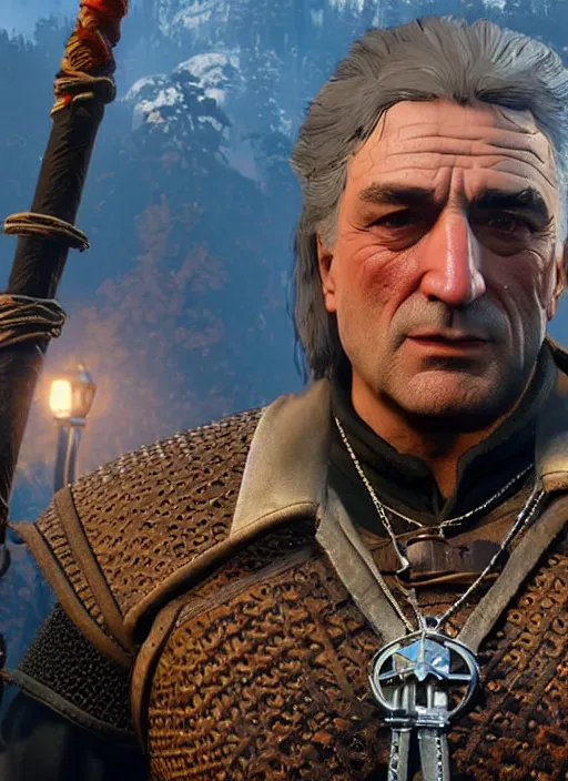 Image similar to Robert De Niro in The Witcher 3, gameplay, 8k, HD