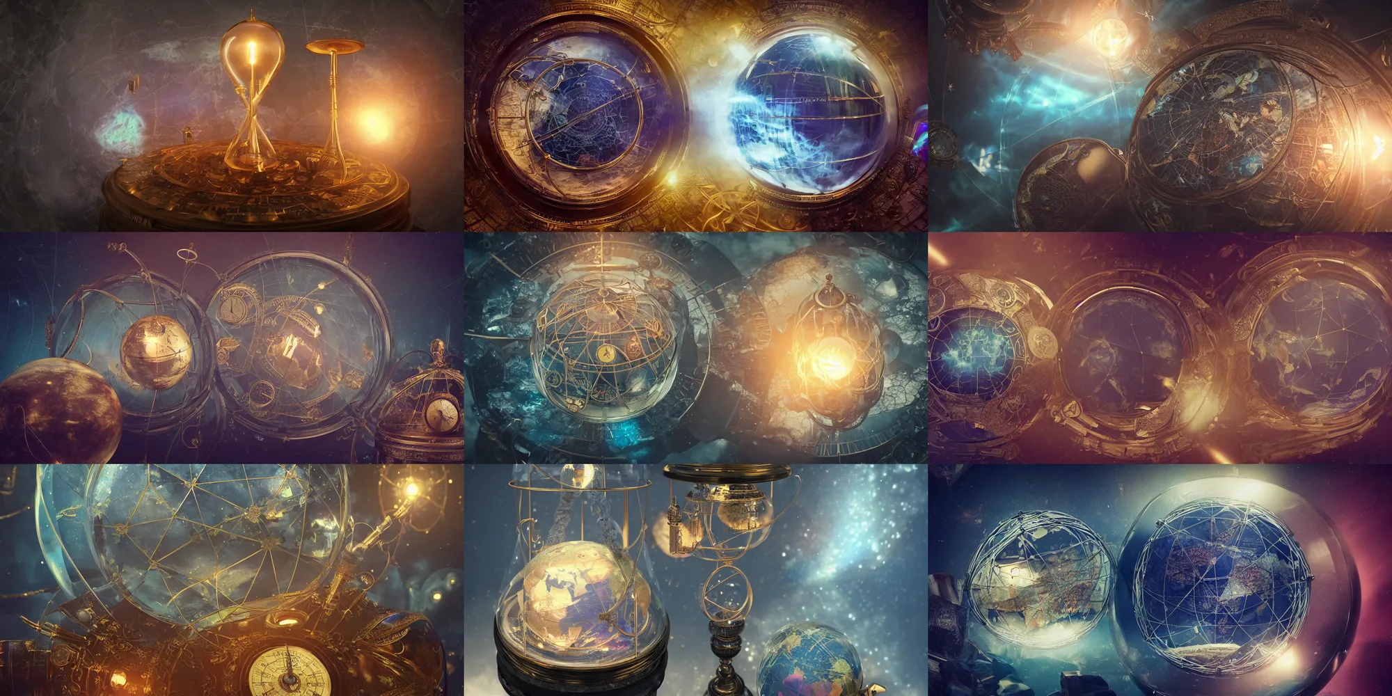 Prompt: iridescent steampunk planisphere inside a marble, hourglass, lightning, intricate detail, volumetric lighting, epic composition, hyper detailed, ultra realistic, sharp focus, octane render, candle, volumetric, ray tracing, artstation trending, cgsociety, sense of awe, swirling mist, 4 k