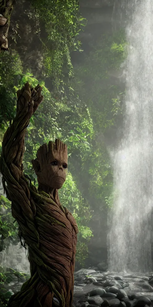 Image similar to photorealistic wide shot portrait of Groot, under waterfall, octane render, unreal engine 4k, volumetric light, fog, detailed
