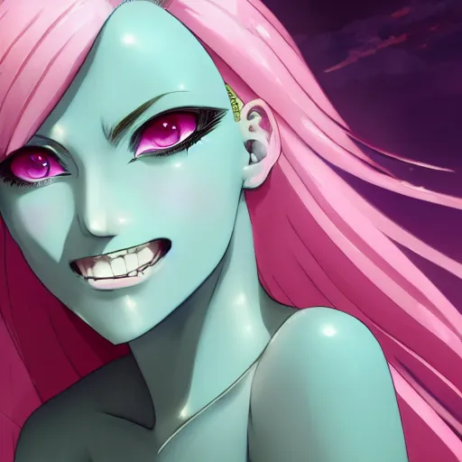 Image similar to stunningly beautiful omnipotent megalomaniacal anime goddess with porcelain skin, pink hair and mesmerizing cyan eyes, symmetrical perfect face smiling in a mischievous, devious and haughty way while looking down upon the viewer, mid view, hyperdetailed, 2 d, 8 k