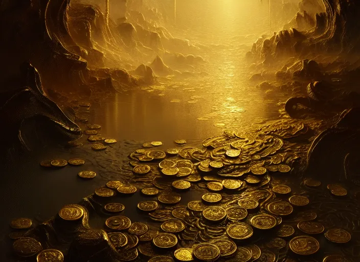 Image similar to heaven, gold coins as rain, beautifully, fantasy, dramatic, intricate, elegant, highly detailed, digital painting, artstation, concept art, smooth, sharp focus, illustration, art by Gustave Dore, octane render